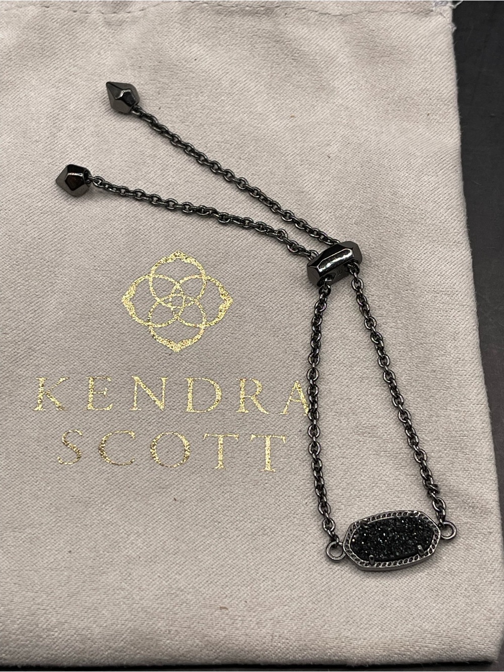 Kendra Scott Elaina Gunmetal Adjustable Chain Bracelet in Black Drusy NWOT